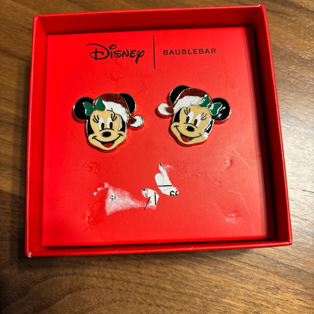 Disney X Baublebar Minnie Mouse Christmas Bow Red Sparkly Santa Hat Earrings New